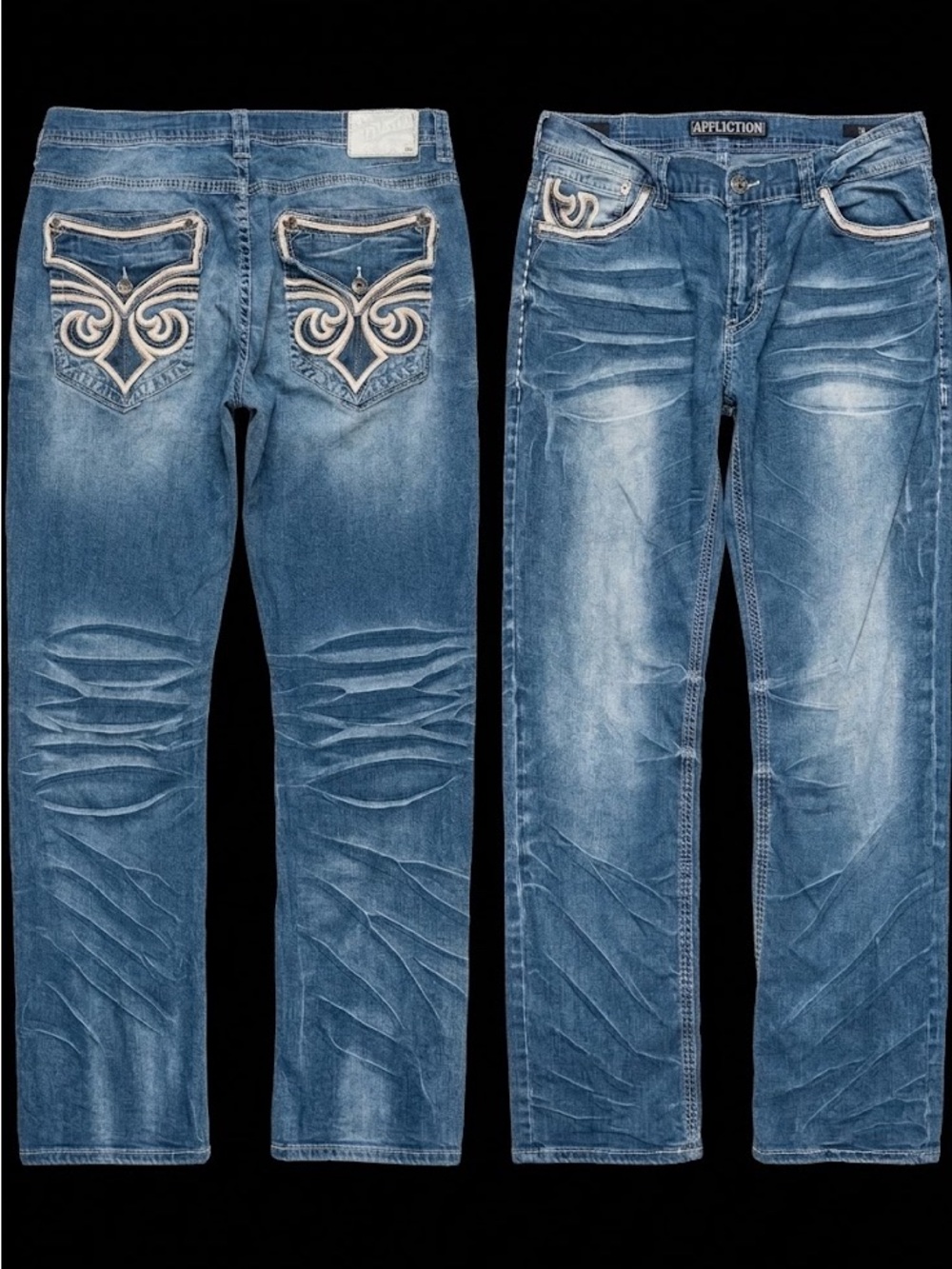 Affliction Men's Blue Washed Straight Jeans with Embroidered Back Pockets